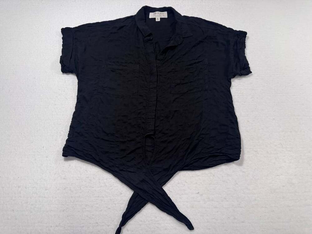 Cloth & Stone Anthropologie Black Tie Front Crinkled Short Sleeve Top Size S